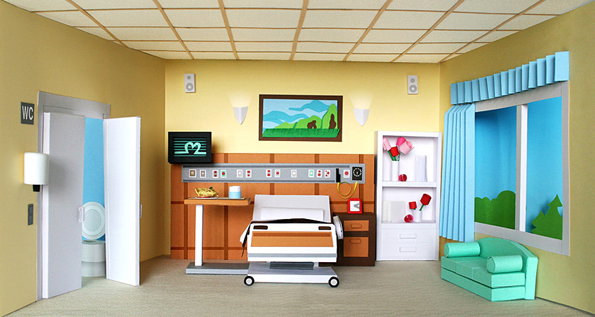 A 3D render of a simplified hospital room with yellow walls and a grid ceiling. A white medical bed sits in the centre, flanked by a bedside table and a white shelving unit.