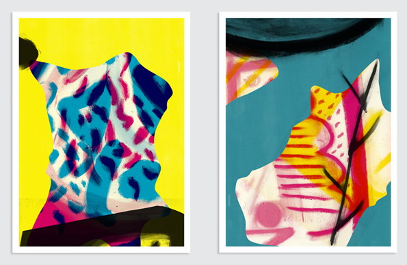 Two abstract paintings with bold, vibrant colours. The first features a blue and pink patterned shape against a bright yellow background, while the second shows organic forms in pink, yellow and red on a teal backdrop.