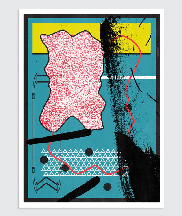 An abstract collage featuring a large, pink textured shape with a black outline set against a blue background. Bold black brushstrokes, a yellow rectangular block, and a red squiggly line overlap the composition.
