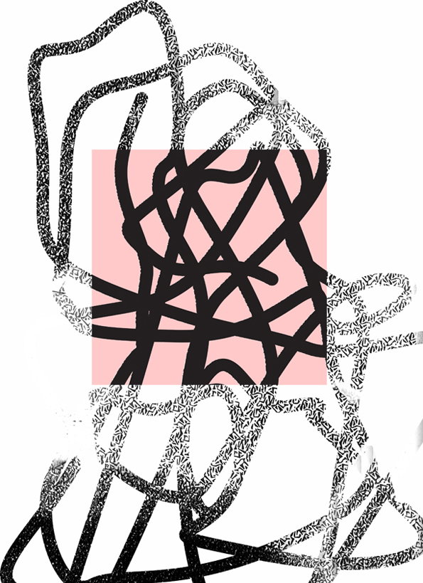 An abstract illustration featuring a tangle of black scribbled lines over a white background. A soft pink square sits in the centre, layered with a denser cluster of dark, overlapping strokes.
