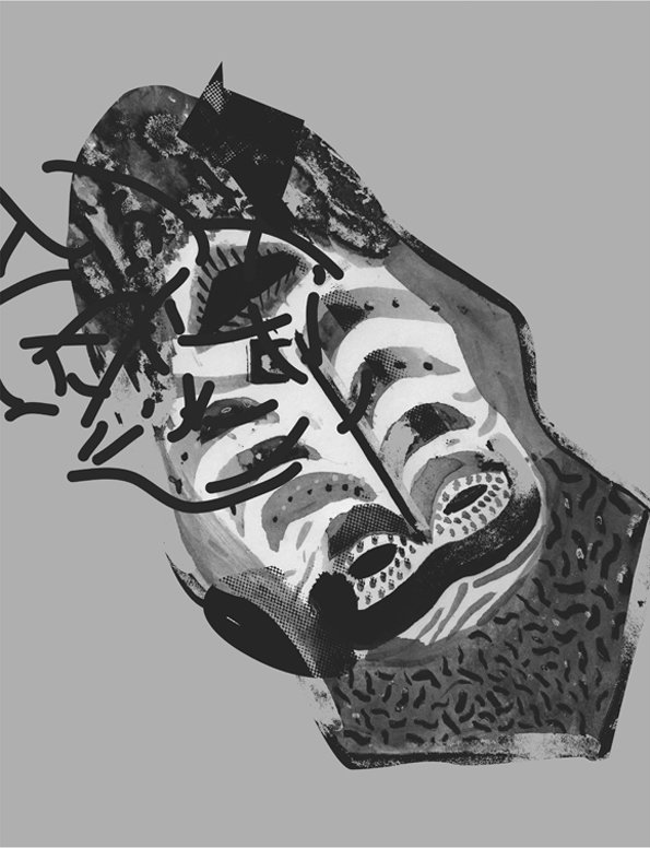 A black and white collage of an abstract, mask-like face. The figure is composed of layered textures, including stripes, dots and scribbled lines, set against a plain grey background.