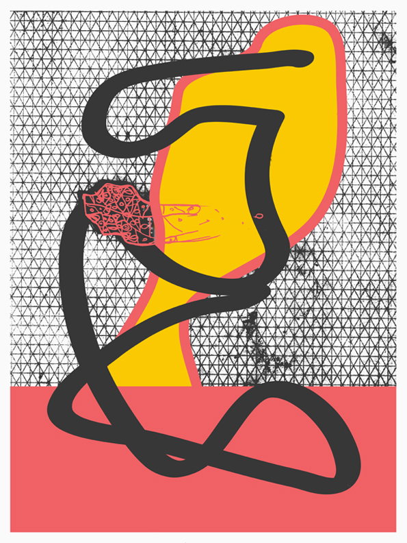 An abstract illustration featuring a thick, winding black line that loops across the composition. A large, yellow organic shape with a pink border sits behind the line, set against a background of a black and white grid and a solid pink base.