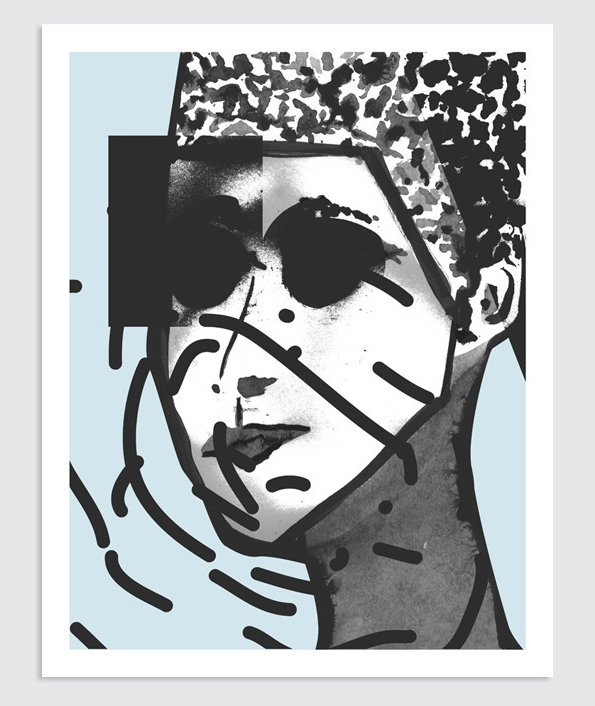 A black and white collage portrait of a person against a pale blue background. The face is fragmented with abstract shapes, bold ink lines, and a textured, speckled pattern across the top of the head.