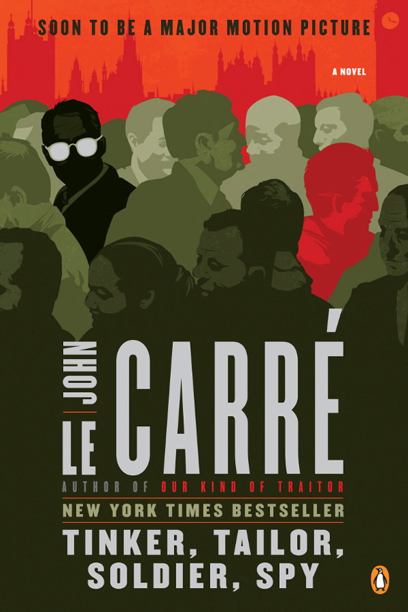 A book cover for the novel “Tinker, Tailor, Soldier, Spy” by John le Carré. Stylised silhouettes of people in shades of green, red and grey crowd the top half of the frame.