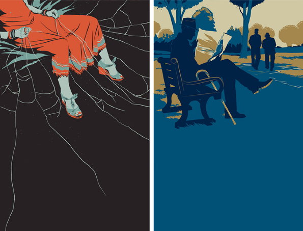 Two illustrations side by side. On the left, a figure in an orange dress and sandals is partially visible against a dark background with thin, white linear patterns. On the right, a blue silhouette of a person sits on a park bench reading a paper, with two other figures walking in the distance.