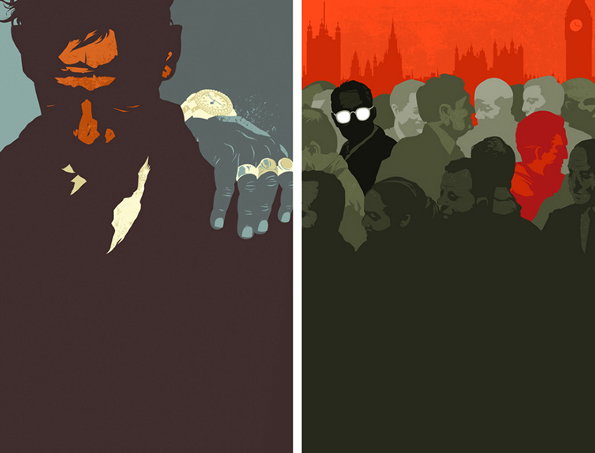 An illustration split into two panels. On the left, a dark figure reaches out with an open palm; on the right, a crowd of people stands before a red skyline of London.
