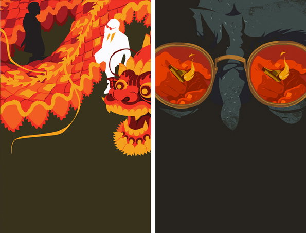 An illustration split into two panels. On the left, two figures stand beside a large, winding red dragon against a dark background. On the right, a close-up of a face in shadow shows a pair of glasses reflecting a glowing orange flame.