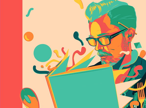 An illustration of a person with glasses and a pencil behind their ear reading a book. Vibrant, abstract shapes and swirls in teal, orange and yellow float around them against a pale background.