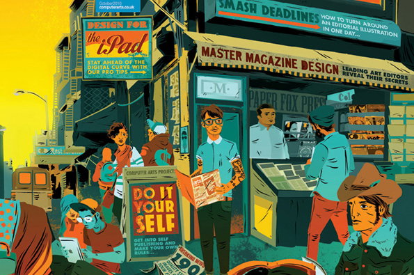 An illustration of a busy city street corner dominated by a newsstand. A person in the centre holds a magazine, surrounded by others browsing titles and walking past bold signs that read “Design for the iPad” and “Master Magazine Design”.