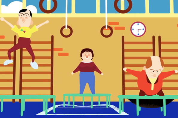 An illustration of three people in a gym. One person jumps in the air, another stands on a green bench, and a third leans over a bench with arms outstretched. Gymnastic rings and wall bars are visible in the background.