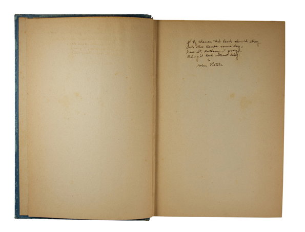 An open book with aged, yellowed pages. Handwritten text on the right page reads “If by chance this book should stray / Into other hands some day, / Pray St. Anthony I pray thee / Bring it back without delay.” It is signed “Helen Pistole”.