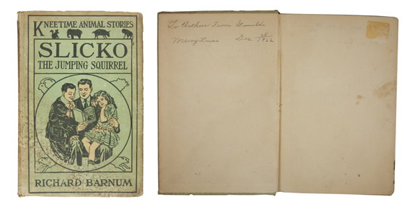 The cover of a vintage children’s book titled “Slicko the Jumping Squirrel” by Richard Barnum. An illustration shows two people reading the book to a child.