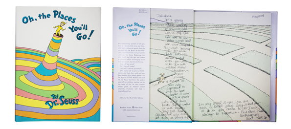 The cover of the Dr Seuss book “Oh, the Places You’ll Go!” shows a figure standing atop a colourful, striped peak. Beside it, the book is open to a handwritten inscription and a sketch of a wide, open landscape.