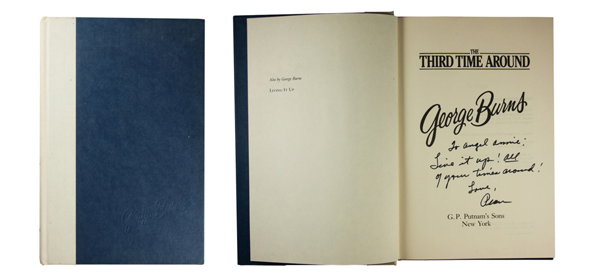 Two images of a book by George Burns. The first shows the dark blue cover with a cream spine, and the second shows the open title page for “The Third Time Around” with a handwritten dedication.