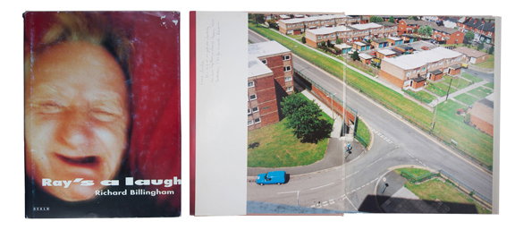 A book cover and an open spread from Ray’s a Laugh by Richard Billingham. The cover shows a close-up of a person laughing, with the title “Ray’s a Laugh” and the author’s name below. The open page features an aerial photograph of a residential street with brick houses and a blue van.