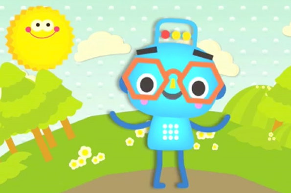 An illustration of a blue robot character wearing large, orange hexagonal glasses. They stand in a bright, stylised landscape with green hills, yellow flowers and a smiling sun.