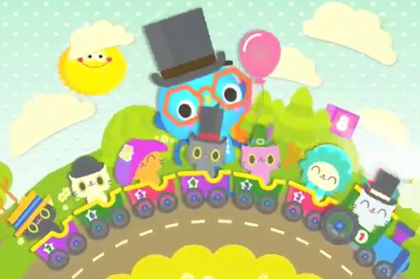 A colourful illustration of a train carrying a group of stylised animal characters. A large blue owl wearing a top hat and glasses looms over the train against a bright, sunny backdrop.