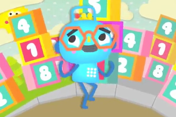 A 3D render of a blue, rounded character wearing large orange glasses. They stand in front of a colourful pile of numbered blocks.