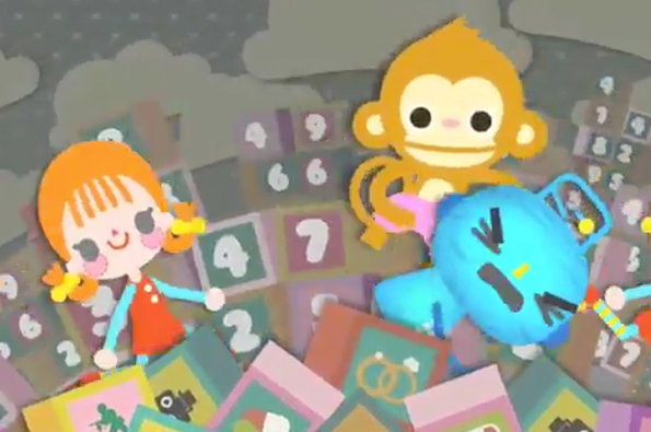 An illustration of a person with orange pigtails, a monkey and a blue character surrounded by a pile of numbered cards. The characters are rendered in a simple, rounded style against a muted grey background.