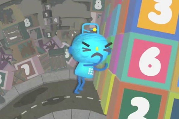 A 3D render of a small, blue character with an angry expression standing on a grey road. To their right is a colourful wall of blocks featuring the numbers “3”, “6” and “2”.