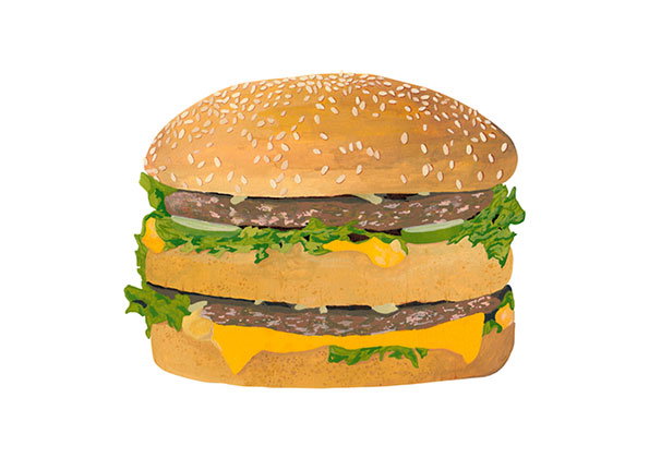 An illustration of a double-patty cheeseburger with sesame seeds on the bun. Layers of lettuce, melted cheese and pickles sit between the meat and bread.