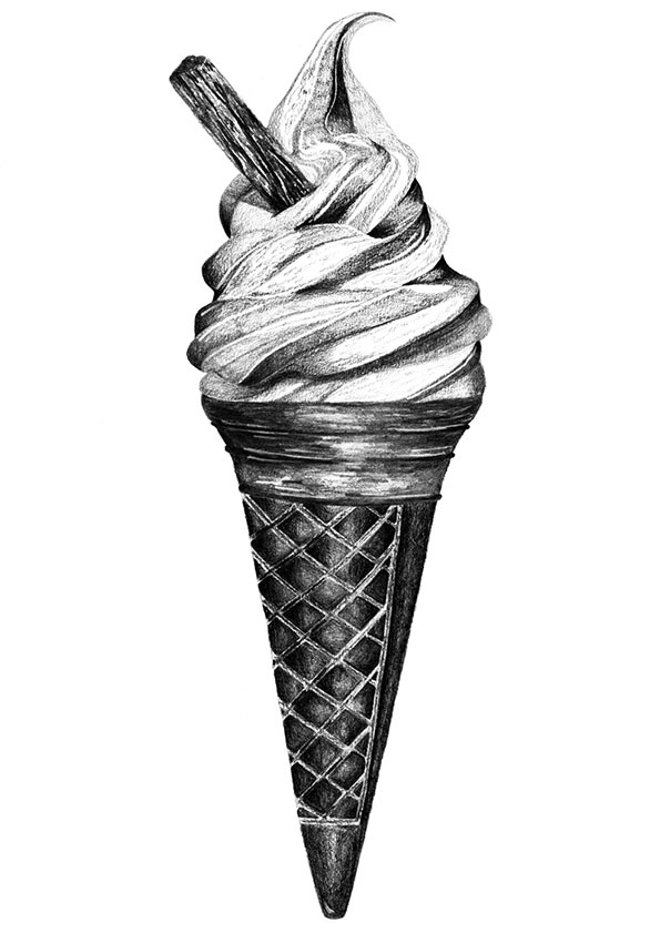 A black and white illustration of a soft serve ice cream cone. A chocolate flake is tucked into the swirling peak of the ice cream.