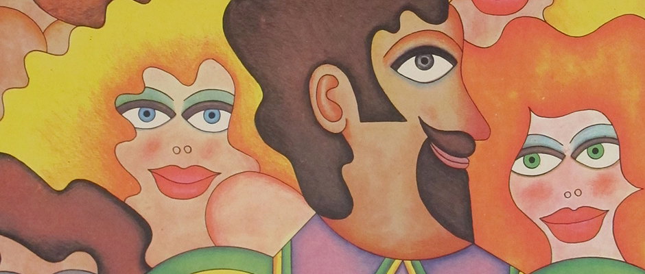 An illustration of three stylised figures with bold outlines and vibrant colours. A central figure with a dark beard and hair looks to the right, flanked by two figures with large eyes and bright hair.