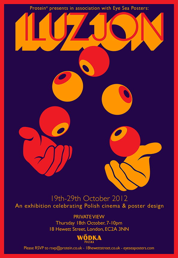 A graphic poster for an exhibition titled “Iluzjon” on a deep purple background. Two hands hold red and yellow eyeballs that float upwards toward the bold, orange title. Text below reads “19th–29th October 2012” and describes the event as “An exhibition celebrating Polish cinema & poster design”. Further details list a private view on 18 October at 18 Hewett Street, London.