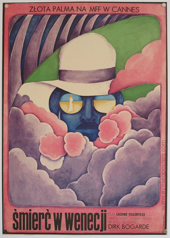 A surrealist film poster for Death in Venice. A figure wearing a white hat and sunglasses is partially obscured by pink and purple clouds, with a reflection of a person on a beach visible in the lenses. The Polish title “śmierć w wenecji” appears in bold red lettering at the bottom. Text at the top reads “ZŁOTA PALMA NA MFF W CANNES”.