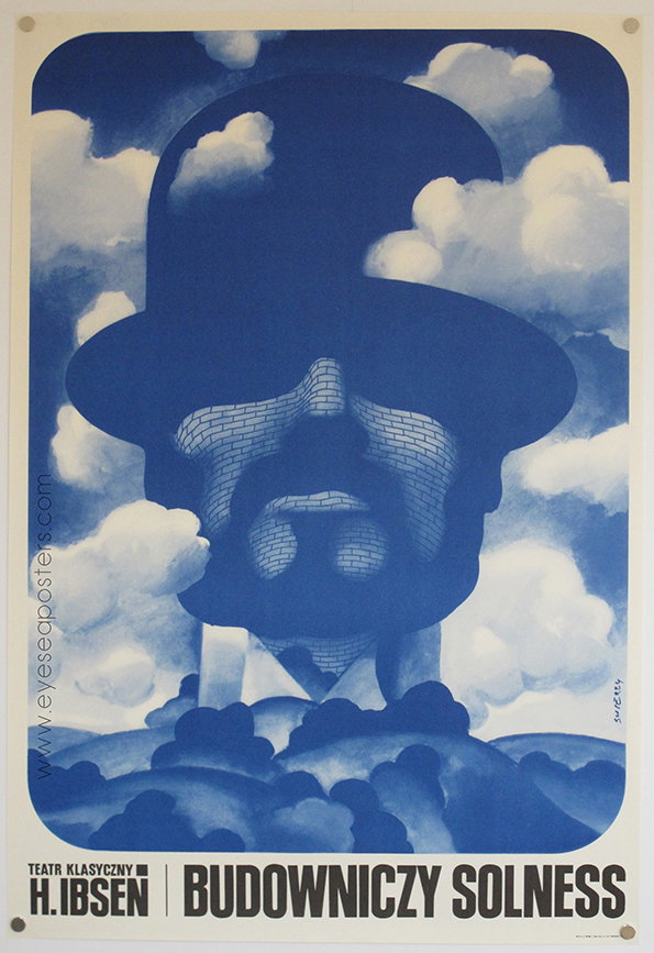 A blue and white poster featuring a stylised silhouette of a person wearing a bowler hat. The face is rendered as a brick wall, set against a backdrop of clouds. Text at the bottom reads “Teatr Klasyczny H. Ibsen” and “Budowniczzy Solness”.