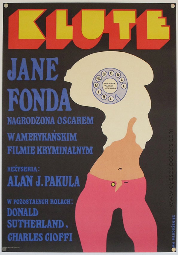A Polish film poster for Klute featuring a stylised illustration of a person with long blonde hair and pink trousers. The title “Klute” appears in bold, 3D yellow lettering at the top. The poster lists Jane Fonda and Alan J. Pakula, with further text in Polish. A small circular logo in the hair reads “Produkcja Warner – Columbia”.