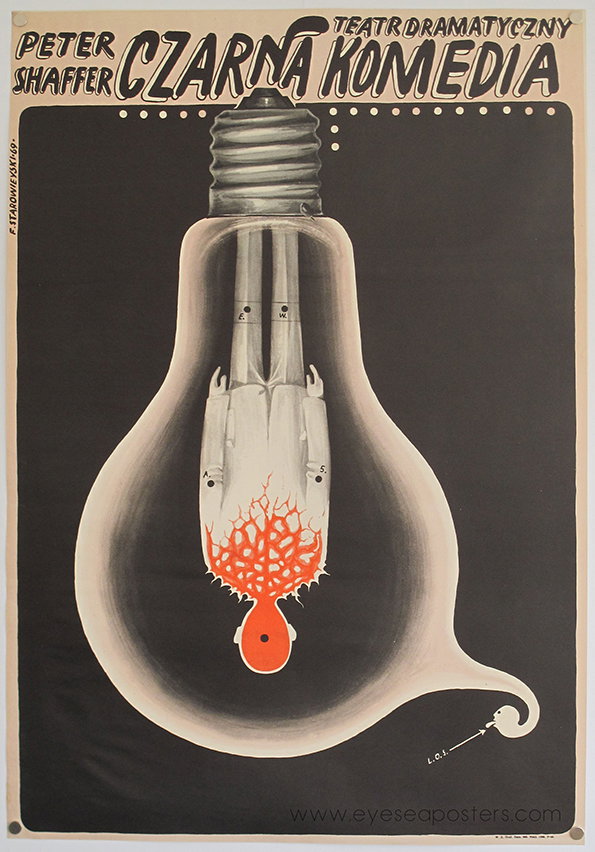 A surrealist poster for the play “Czarna Komedia” by Peter Shaffer. A large lightbulb contains a white figure with a red, brain-like network of veins and a small red head.