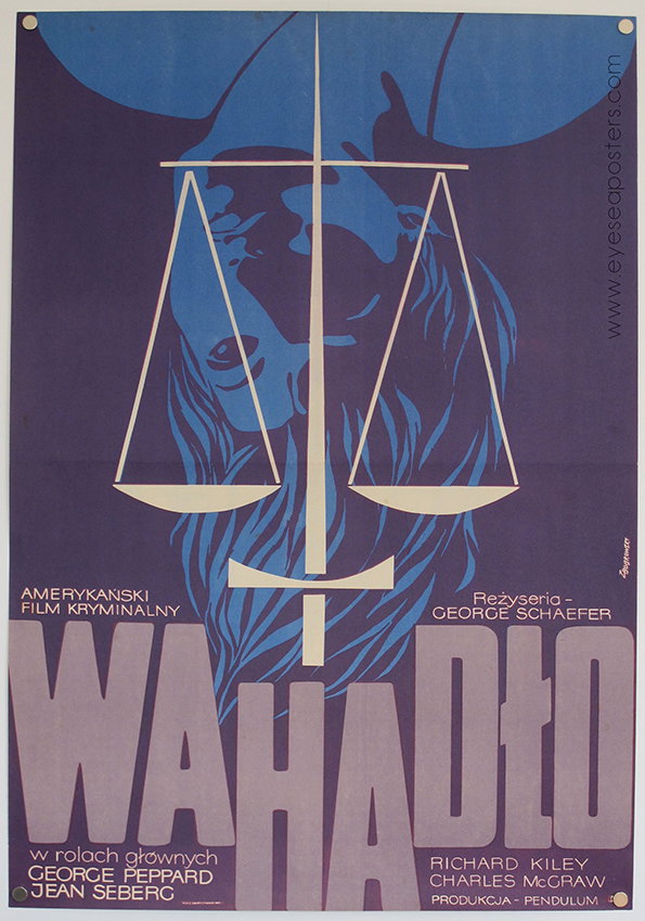 A Polish film poster for the movie “Wahadło” featuring a stylised blue and purple illustration of a face. A set of scales is laid over the image, with the central beam forming a vertical line down the centre. Large, bold typography at the bottom reads “WAHADŁO”, with credits for director George Schaefer and actors George Peppard and Jean Seberg.