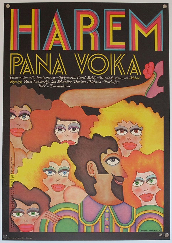 An illustration for a film poster featuring a group of stylised figures with large eyes and bold colours. Large typographic text at the top reads “HAREM PANA VOKA”. Smaller text below provides film credits, including the director Karel Steklý.