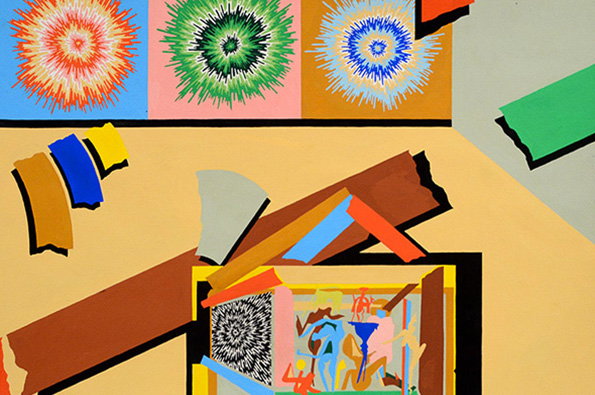 An abstract painting featuring three colourful, radiating starburst shapes in red, green and blue across the top. Below, jagged geometric shards and a thick brown diagonal beam overlap a smaller, framed composition of swirling patterns.