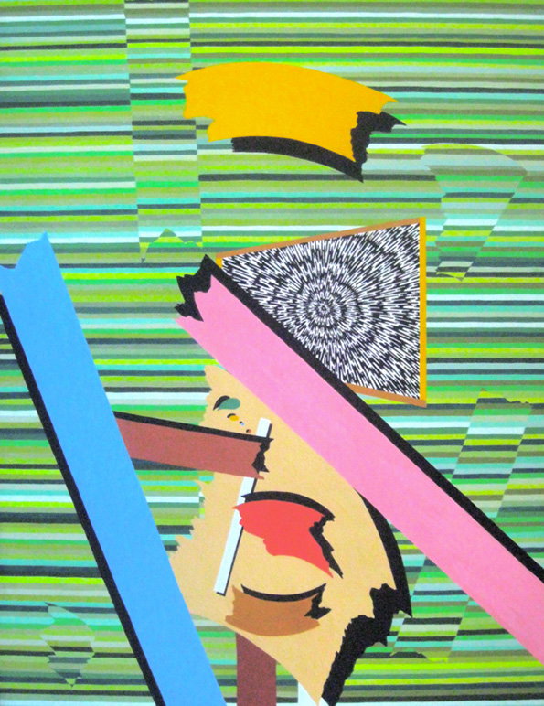 A collage of abstract shapes and patterns over a background of horizontal green and blue stripes. A pink diagonal bar and a blue vertical strip overlap a central figure with a red eye and a black-and-white spiral.