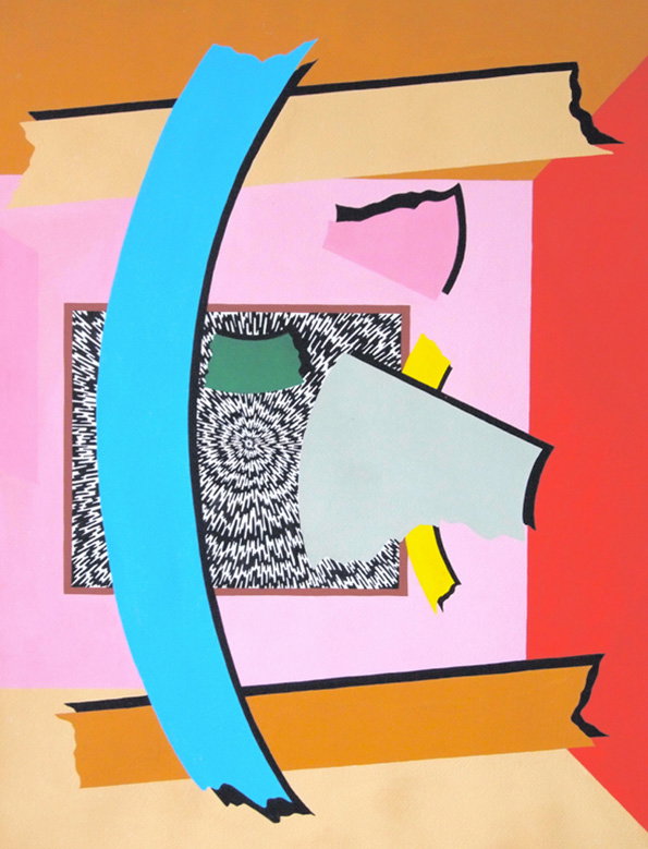 A collage of bold, colourful shapes and textures. A curved blue strip arcs across the centre, layered over a black and white optical pattern and torn pieces of paper.