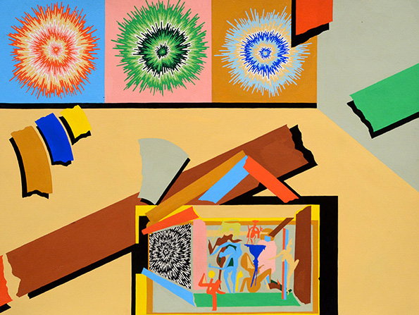 An abstract painting featuring three colourful, radiating starburst shapes in blue, green and orange. Below them, a series of geometric shards and a thick brown diagonal beam overlap a smaller, framed composition of fragmented figures.