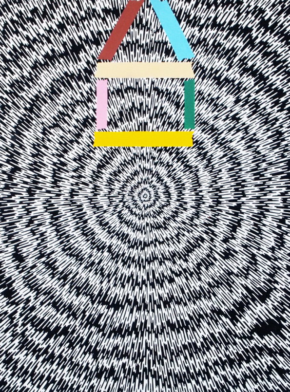 A collage of a simple house shape made from colourful strips of paper. The house sits above a black and white spiral of fine, radiating lines.