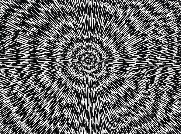 A black and white illustration of a radial burst. Countless thin white lines explode outwards from a central point against a black background.