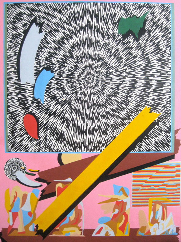 An abstract collage featuring a large square of black and white radiating lines. A yellow diagonal strip cuts across the bottom half, layered over fragmented, colourful shapes on a pink background.