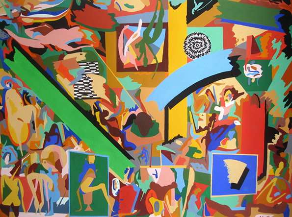 A vibrant, abstract painting featuring a chaotic arrangement of bold colours and fragmented shapes. Stylised figures and geometric patterns are scattered across the composition, including a black and white spiral and a checkered form.