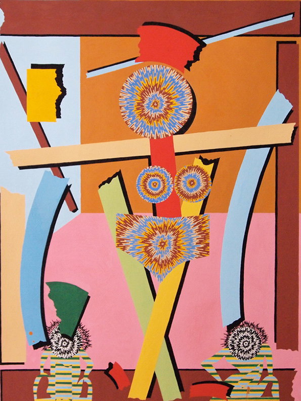 An abstract painting featuring a central red vertical column topped with a circular, starburst pattern. Geometric shapes in yellow, blue and pink overlap across the canvas, creating a fragmented, figure-like composition.