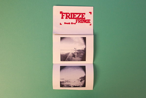 A small zine or booklet on a green background. The cover features red text that reads “Frieze Fringe” and “South West”, followed by two black and white photographs of coastal landscapes.