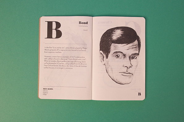 An open book on a green background. The left page features a large capital “B” and text about James Bond’s relationship with coffee, while the right page shows a detailed sketch of Sean Connery as Bond.