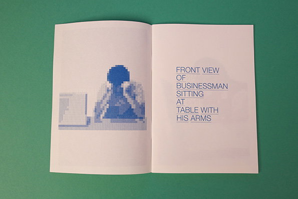 An open book on a green background. The left page shows a blue, pixelated figure of a person at a desk, while the right page reads “FRONT VIEW OF BUSINESSMAN SITTING AT TABLE WITH HIS ARMS”.