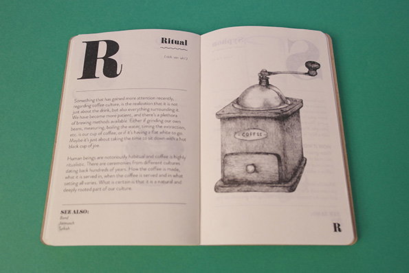 An open book on a green background. The left page features a large capital “R” and the heading “Ritual”, followed by text about coffee culture. The right page shows a detailed sketch of a vintage coffee grinder labelled “COFFEE”.