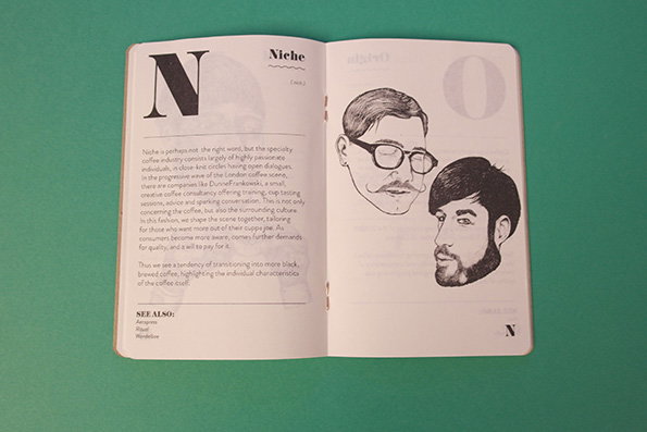 An open book on a green background. The left page features a large capital “N” and the word “Niche”, followed by a block of text about the speciality coffee industry. The right page shows a black and white illustration of two people with glasses and facial hair.