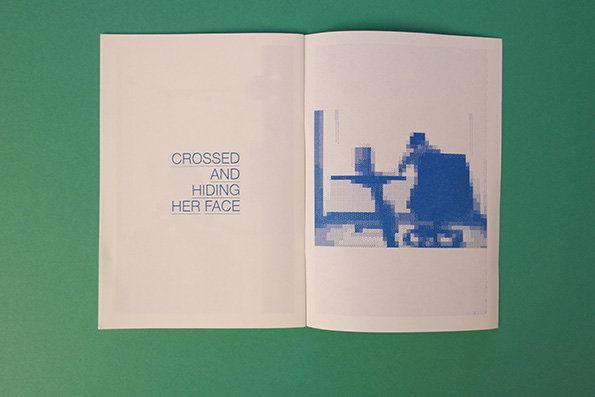 An open book on a green background. The left page features the text “CROSSED AND HIDING HER FACE”, while the right page shows a pixelated blue image of a figure.