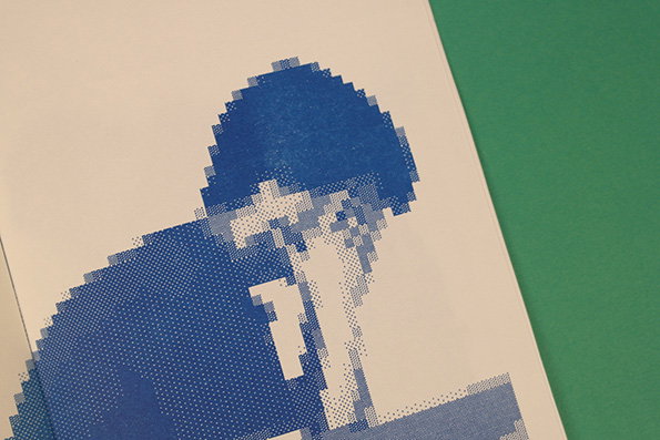 A blue halftone illustration of a person looking down, their face partially obscured. The image is printed on a white page set against a green background.